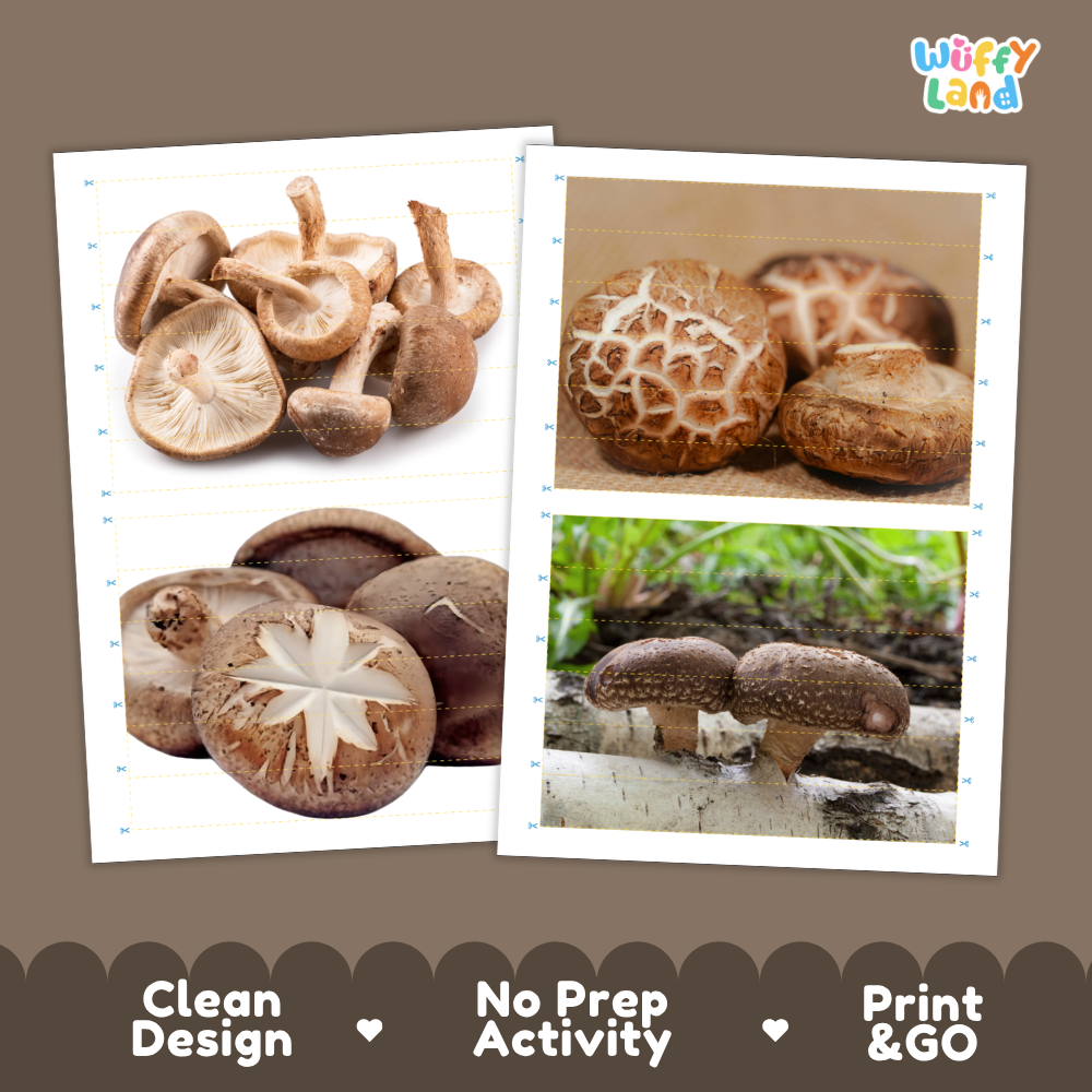 Printable activity sheets featuring photographic shiitake mushroom puzzle boards and cutting guides