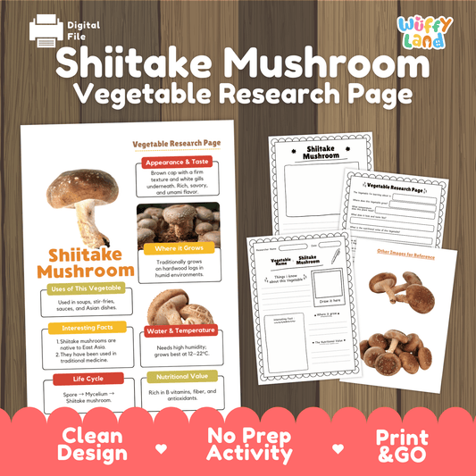 Student vegetable research page writing worksheets with real whole shiitake mushroom photos, lined note-taking prompts, and drawing frames