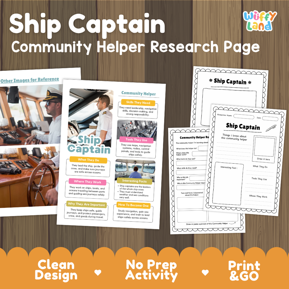 Ship captain community helper research page and writing activity pack cover for elementary students