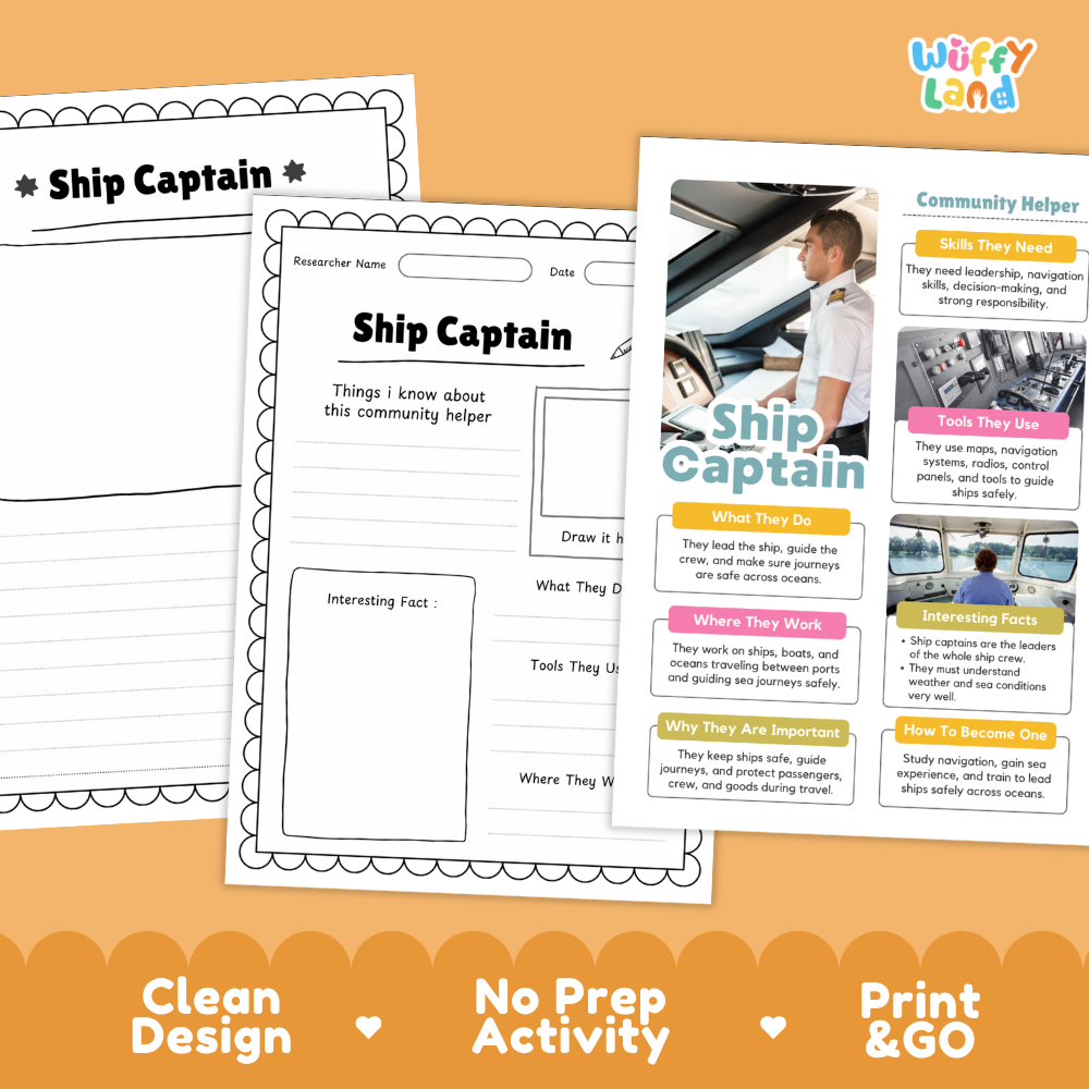 Guided student research worksheet for ship captain role featuring sections for duties, tools, and fun facts