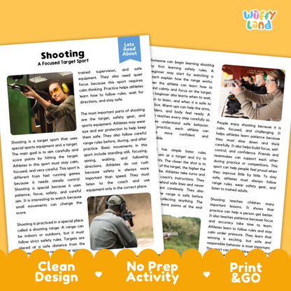A printed educational poster about shooting sports, shown on a white background with a 'Wuffly Land' logo in the top right. The poster features a black-and-white photo of a shooter aiming a rifle, a 'Let's Read About' panel, and text including 'Clean Design', 'No Prep Activity', and 'Print & Go'.