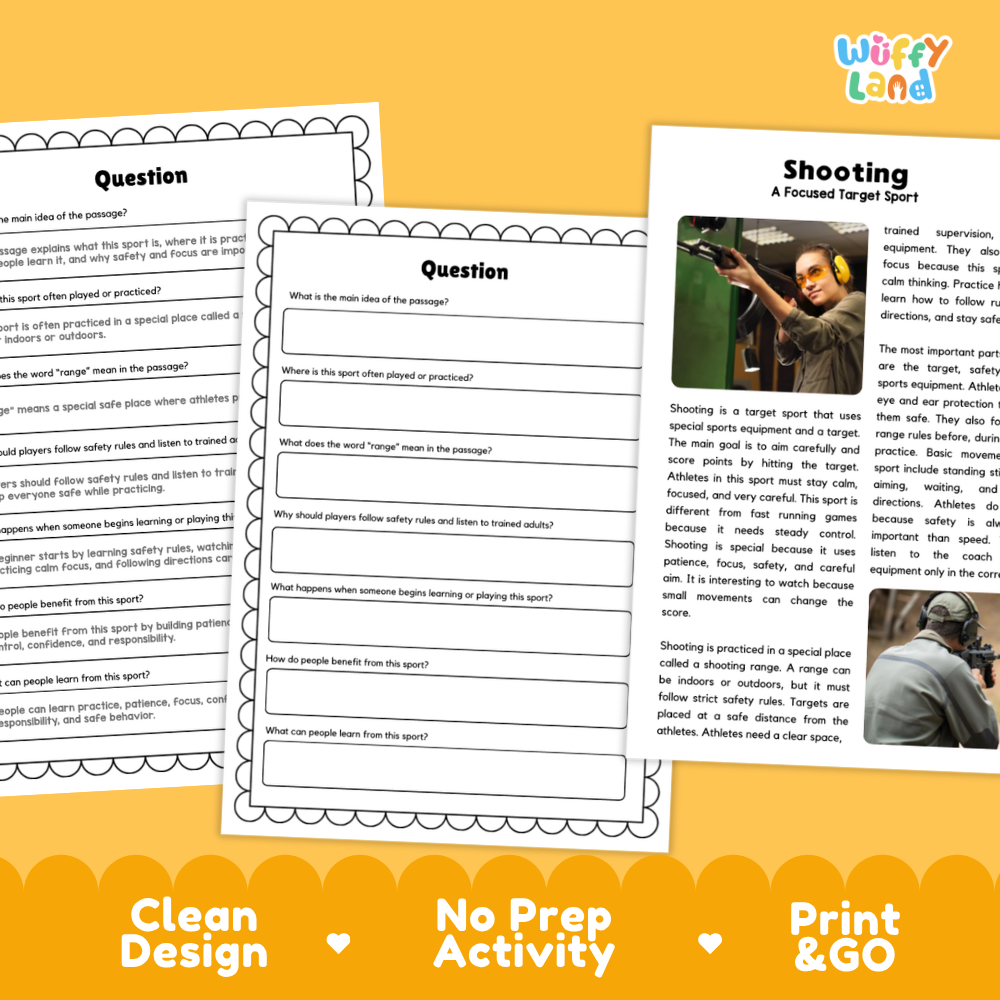 Shooting Sports Reading Passages and Comprehension Questions Worksheets