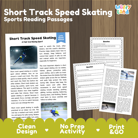 A product listing graphic for an educational activity titled 'Short Track Speed Skating Sports Reading Passages' by Wiffly Land. The graphic shows sample pages from a reading book and worksheet on a dark wood background, with three colored banners at the bottom reading 'Clean Design', 'No Prep Activity', and 'Print & GO'.