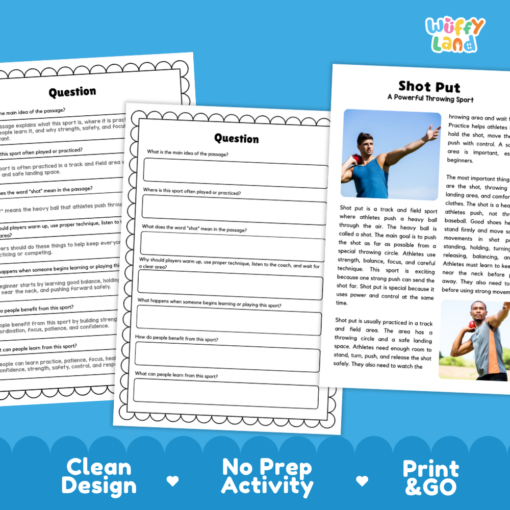 Shot Put Sports Reading Passages and Comprehension Questions Worksheets