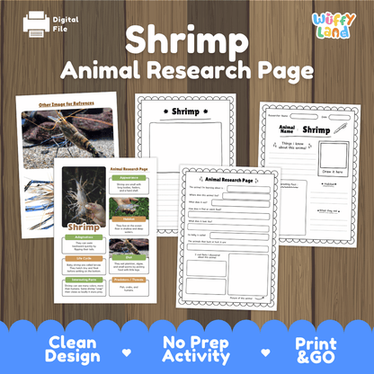 A digital printable worksheet set titled 'Shrimp Animal Research Page' shown on a wood background. The layout includes multiple printed page designs for animal research, with one page featuring a shrimp photo and text sections, plus a 'Wiffly Land' logo in the top right.