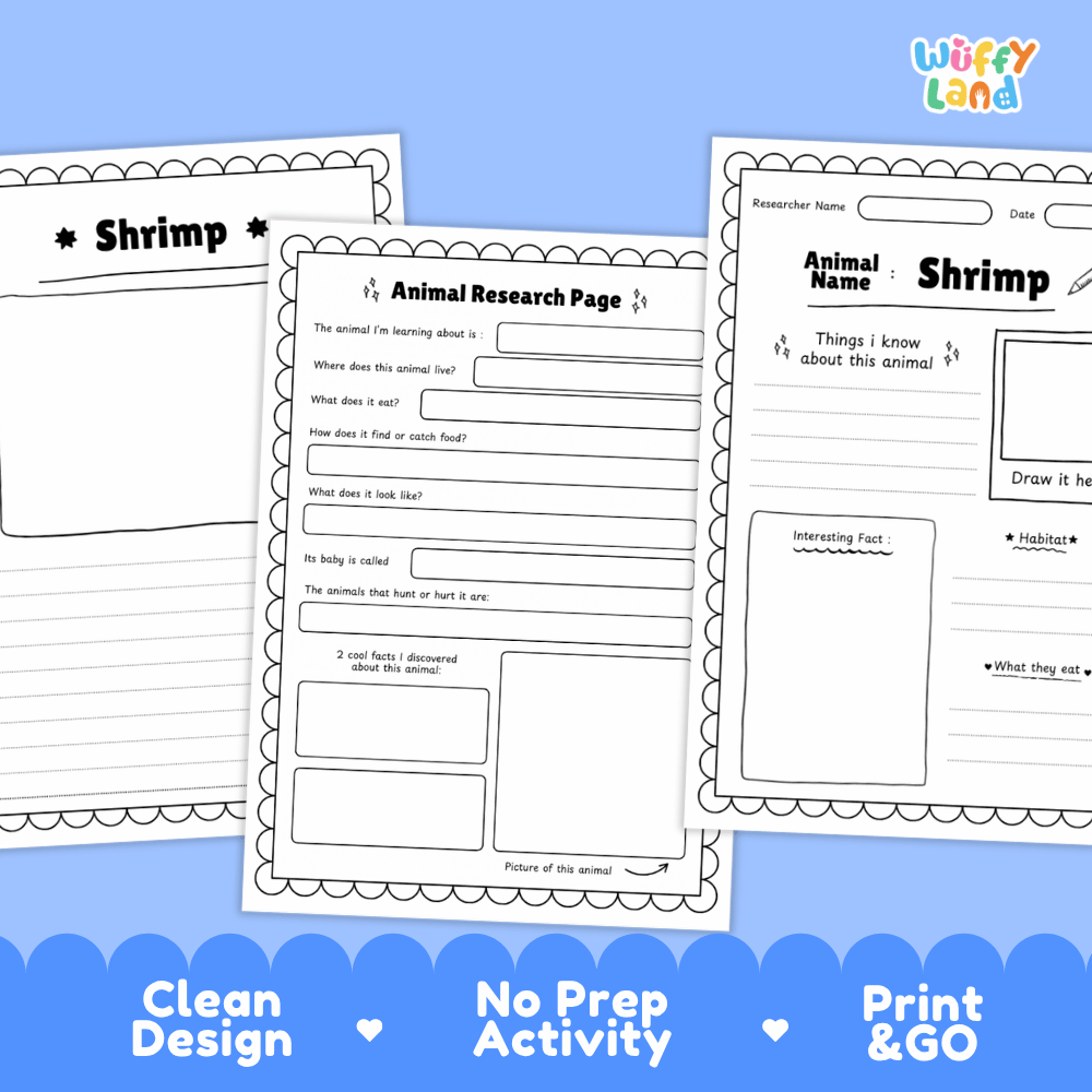 Three printable worksheet pages about shrimp displayed on a blue background with marketing text at the bottom. The pages include writing prompts, labeled sections, and a small drawing box.
