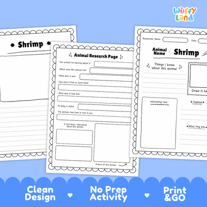 Three printable worksheet pages about shrimp displayed on a blue background with marketing text at the bottom. The pages include writing prompts, labeled sections, and a small drawing box.