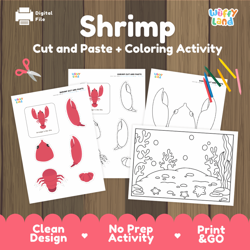 Shrimp Cut and Paste Craft and Coloring Activity Worksheets