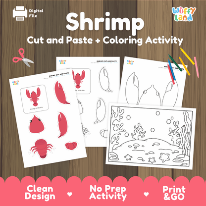 Shrimp Cut and Paste Craft and Coloring Activity Worksheets