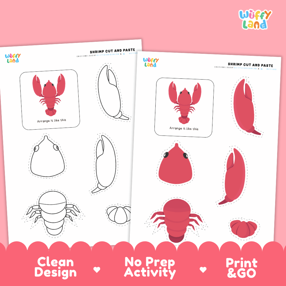 Shrimp Cut and Paste Craft and Coloring Activity Worksheets