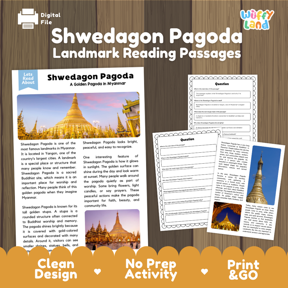 Digital reading activity bundle for 'Shwedagon Pagoda Landmark Reading Passages' by Wiffly Land, featuring a book cover, worksheet pages, and a digital file icon on a wood-grain background with promotional text at the bottom.