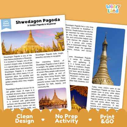 Two educational reading activity booklets from 'Wuffy Land' titled 'Shwedagon Pagoda: A Golden Pagoda in Myanmar'. The booklets feature a clean white cover with black text, a color photograph of the golden pagoda, and a blue border.