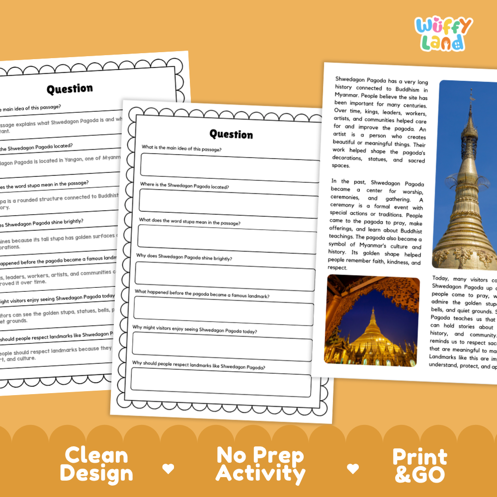 Three printable worksheet pages for a Shwedagon Pagoda educational activity, displayed on a white background with decorative banners reading 'Clean Design', 'No Prep Activity', and 'Print & GO'. The pages include text, fill-in lines, and small photos of the pagoda and its surroundings.