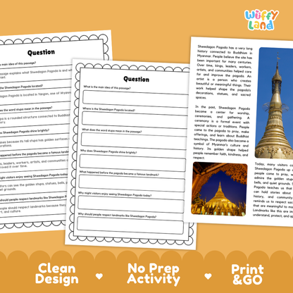 Three printable worksheet pages for a Shwedagon Pagoda educational activity, displayed on a white background with decorative banners reading 'Clean Design', 'No Prep Activity', and 'Print & GO'. The pages include text, fill-in lines, and small photos of the pagoda and its surroundings.