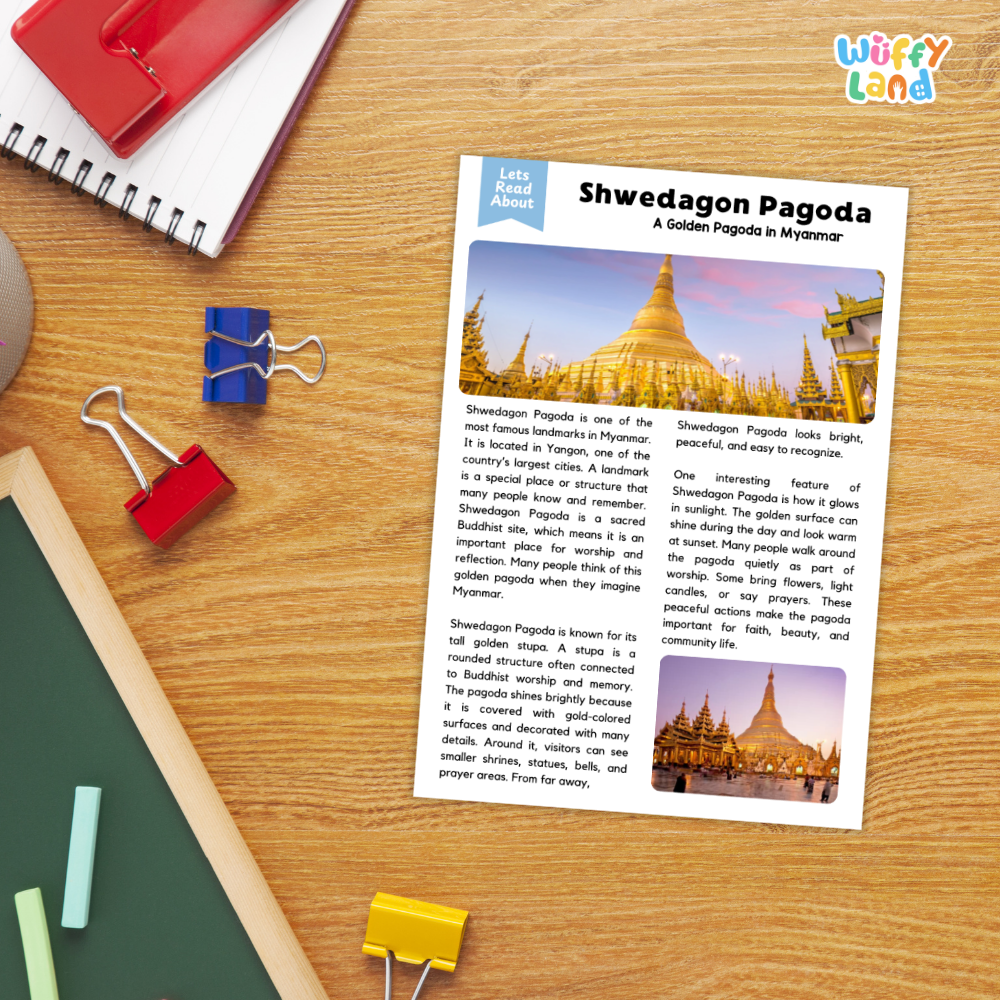 A printed educational poster about Shwedagon Pagoda in Myanmar, styled on a wooden desk with a red spiral notebook, blue and red binder clips, a green notebook, and a yellow highlighter. The brand logo 'Wiffly Land' is visible in the top right corner.