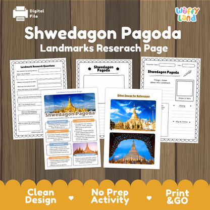Digital preview of a 'Shwedagon Pagoda Landmarks Researach Page' activity sheet set by Wiffy Land, displayed on a wood-grain background with promotional text at the bottom.