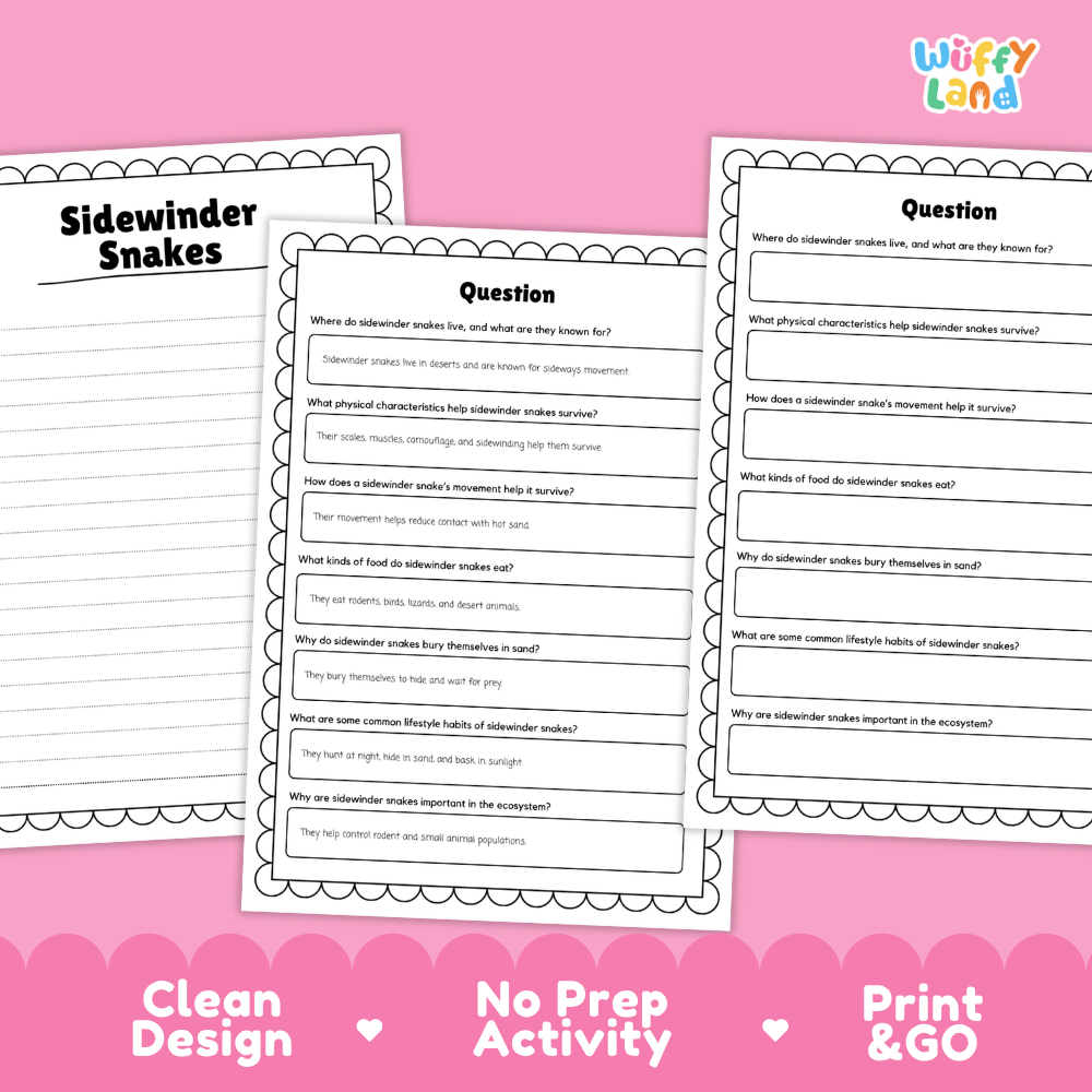 Sidewinder Snake Reading Passage and Comprehension Questions Worksheets