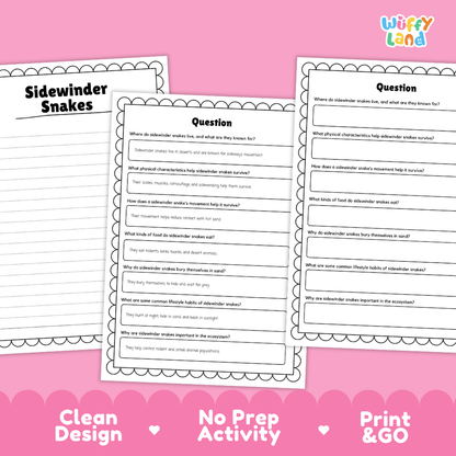 Sidewinder Snake Reading Passage and Comprehension Questions Worksheets