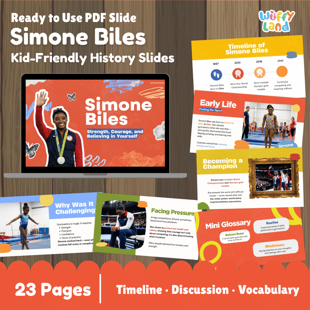 Promotional graphic for a digital product: 'Ready to Use PDF Slide Simone Biles Kid-Friendly History Slides' by Wiffy Land. The image shows a laptop mockup with the cover slide and several overlapping slide previews arranged on a wood background, plus text reading '23 Pages | Timeline | Discussion | Vocabulary'.