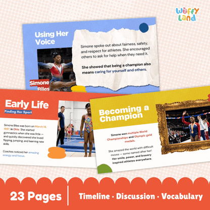 Promotional graphic for a children's educational timeline book titled 'Using Simone Riles' by Wuffly Land, showing three colorful page previews with text blocks, photos, and sports imagery, plus a red banner at the bottom reading '23 Pages | Timeline · Discussion · Vocabulary'.