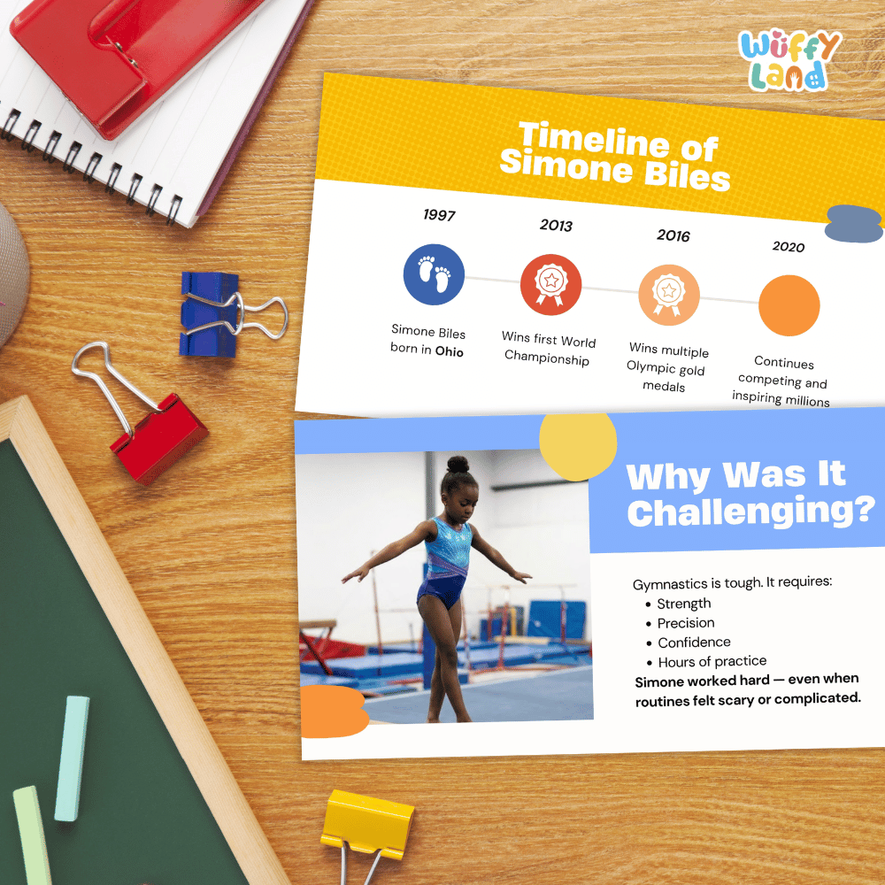 A printed infographic card titled 'Timeline of Simone Biles' with a 'Why Was It Challenging?' section, styled on a wooden desk with binder clips, notebooks, chalk, and a green board. The card features a yellow timeline header, blue and white sections, and a photo of Simone Biles in gymnastics.