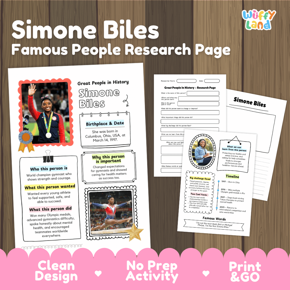 Simone Biles Famous People Research Page Worksheets and Biography Activity