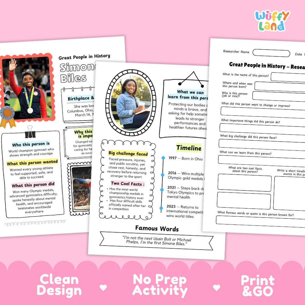 Simone Biles Famous People Research Page Worksheets and Biography Activity