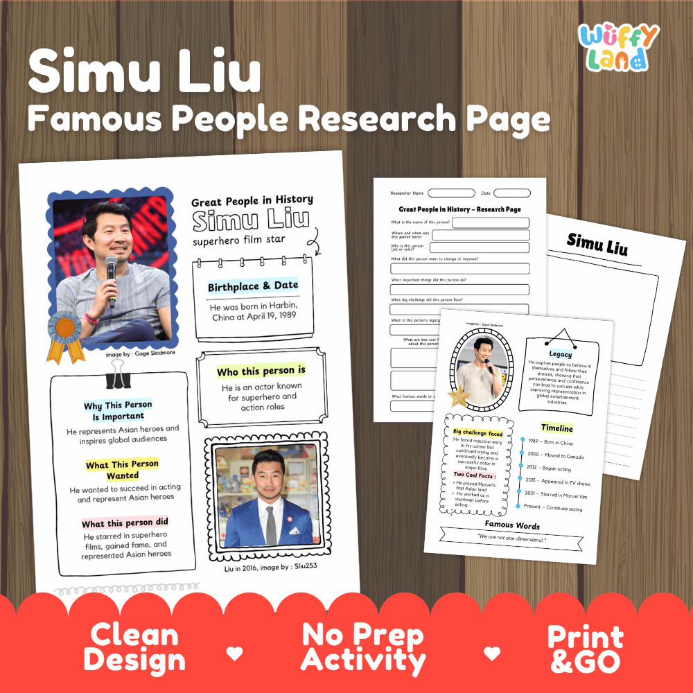 Simu Liu biography research worksheets pack featuring graphic organizers, timeline activity, and student writing template