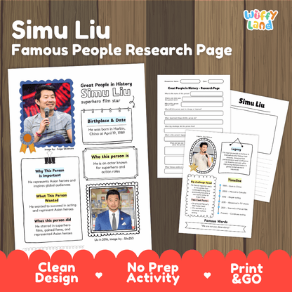 Simu Liu biography research worksheets pack featuring graphic organizers, timeline activity, and student writing template
