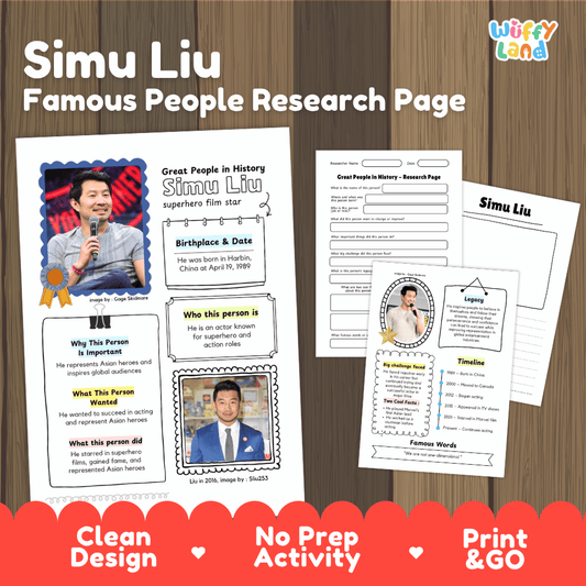 Simu Liu biography research worksheets pack featuring graphic organizers, timeline activity, and student writing template