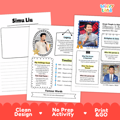 Great People in History student fact profile card detailing Simu Liu's birthplace, superhero acting career, and Hollywood achievements