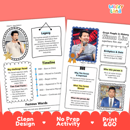 Educational biography summary worksheet featuring a chronological timeline, famous quote, and lined student writing page