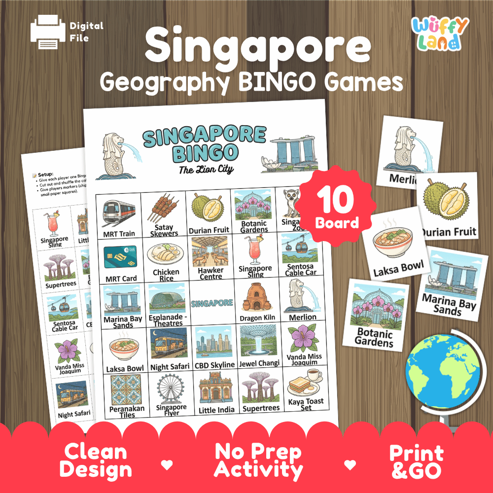 Classroom educational Bingo game cards featuring Merlion, Laksa bowl, Supertrees, Botanic Gardens, and Durian fruit 🎲🍜
