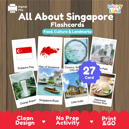Jewel Changi Rain Vortex coloring page paired with real photo flashcards of Merlion Park, Singapore River, and Hainanese Chicken Rice