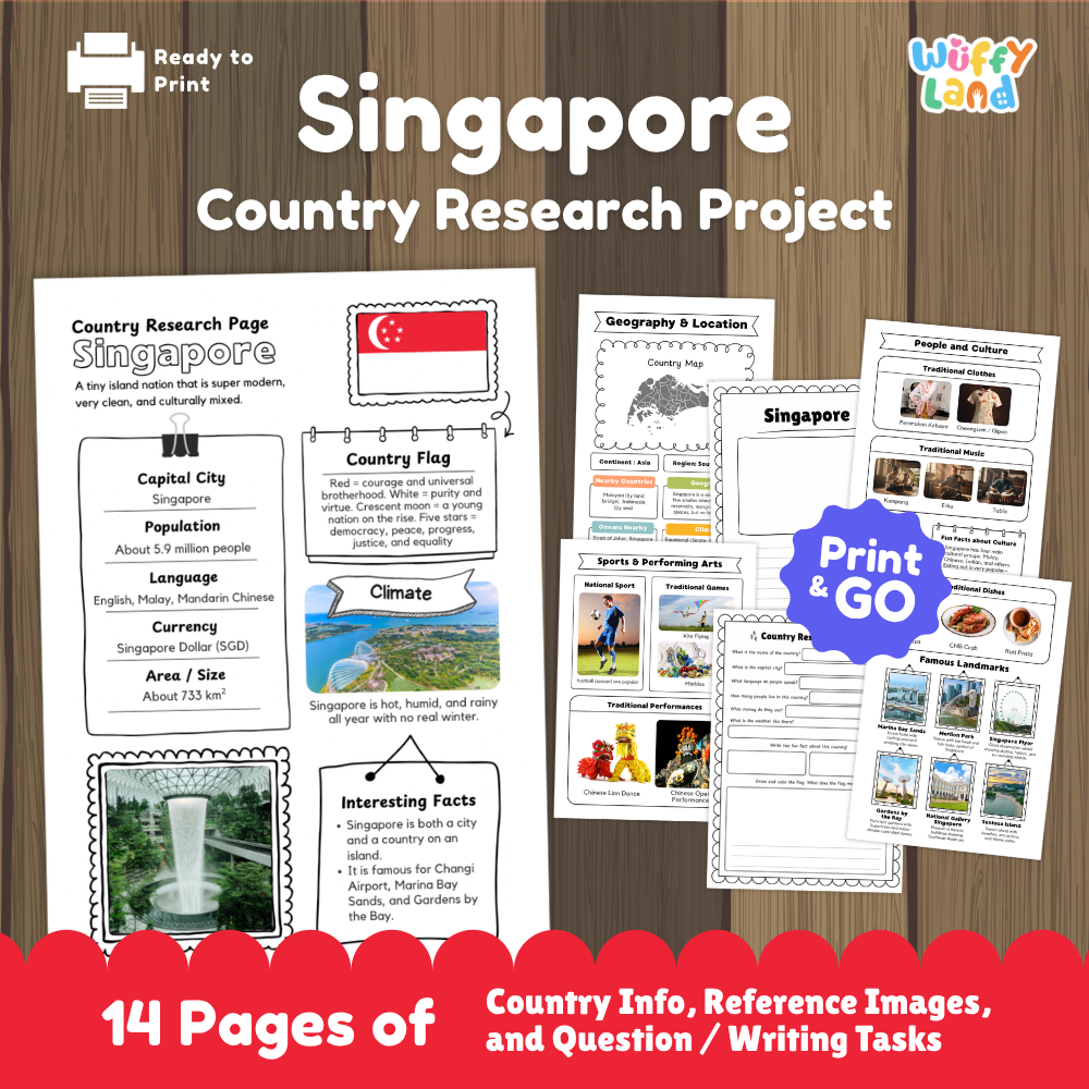 Student country research worksheet on Singapore featuring national flag, city-state facts, tropical climate, and island map