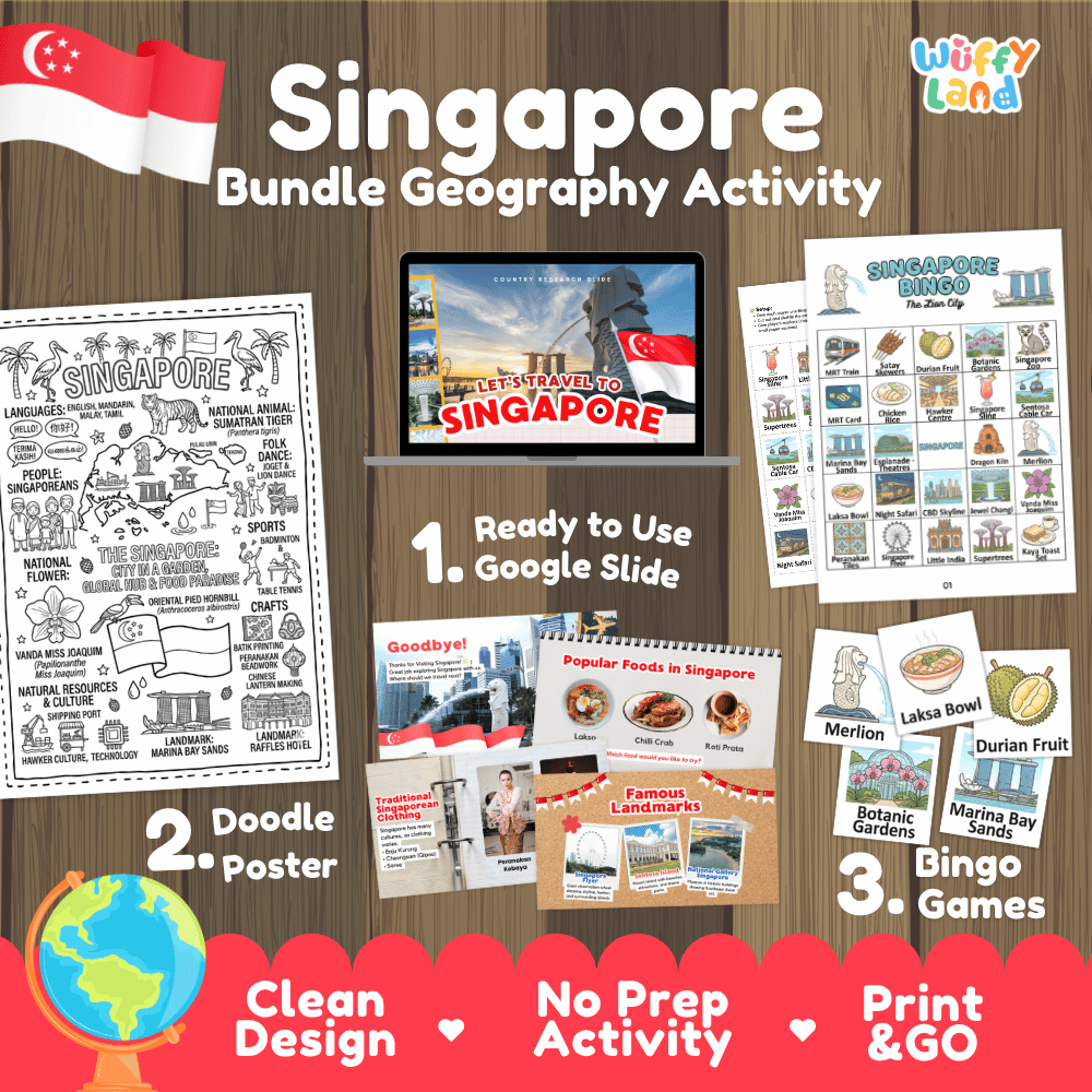Complete Singapore geography activity bundle featuring Google Slides, doodle coloring poster, and classroom bingo games 🇸🇬🎒