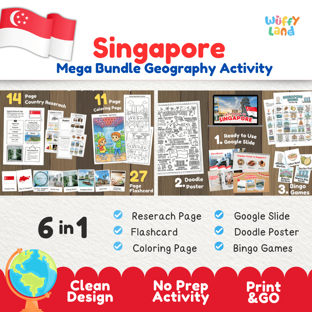 Complete Singapore geography activity bundle featuring Google Slides, doodle coloring poster, and classroom bingo games 🇸🇬🎒
