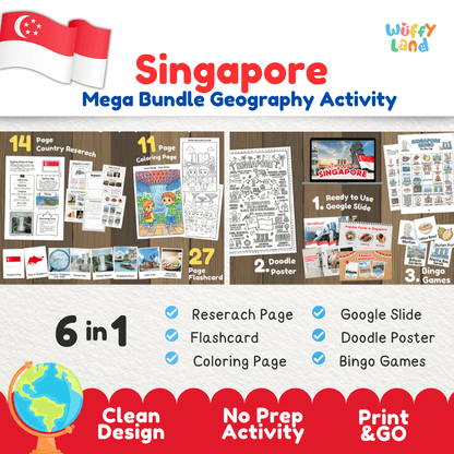 Complete Singapore geography activity bundle featuring Google Slides, doodle coloring poster, and classroom bingo games 🇸🇬🎒