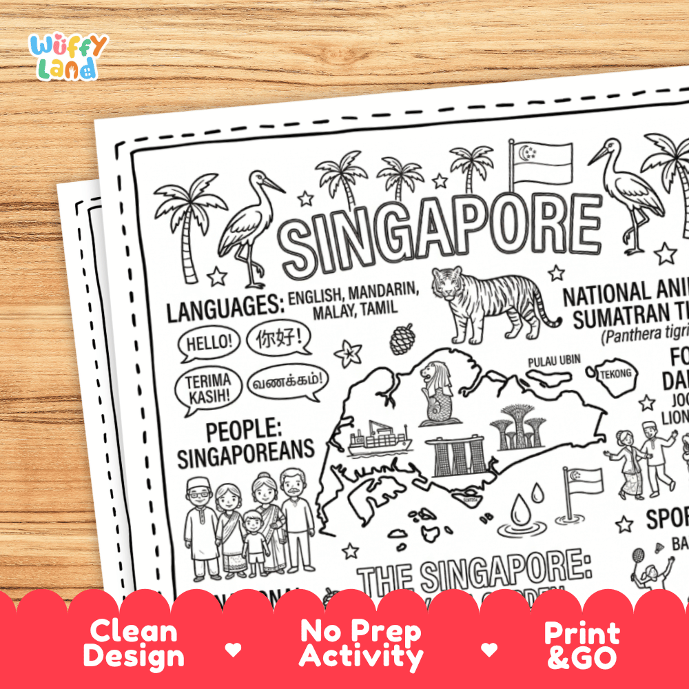Cultural coloring page featuring traditional Singaporean attire, Lion Dance, Peranakan beadwork, and multilingual greeting speech bubbles