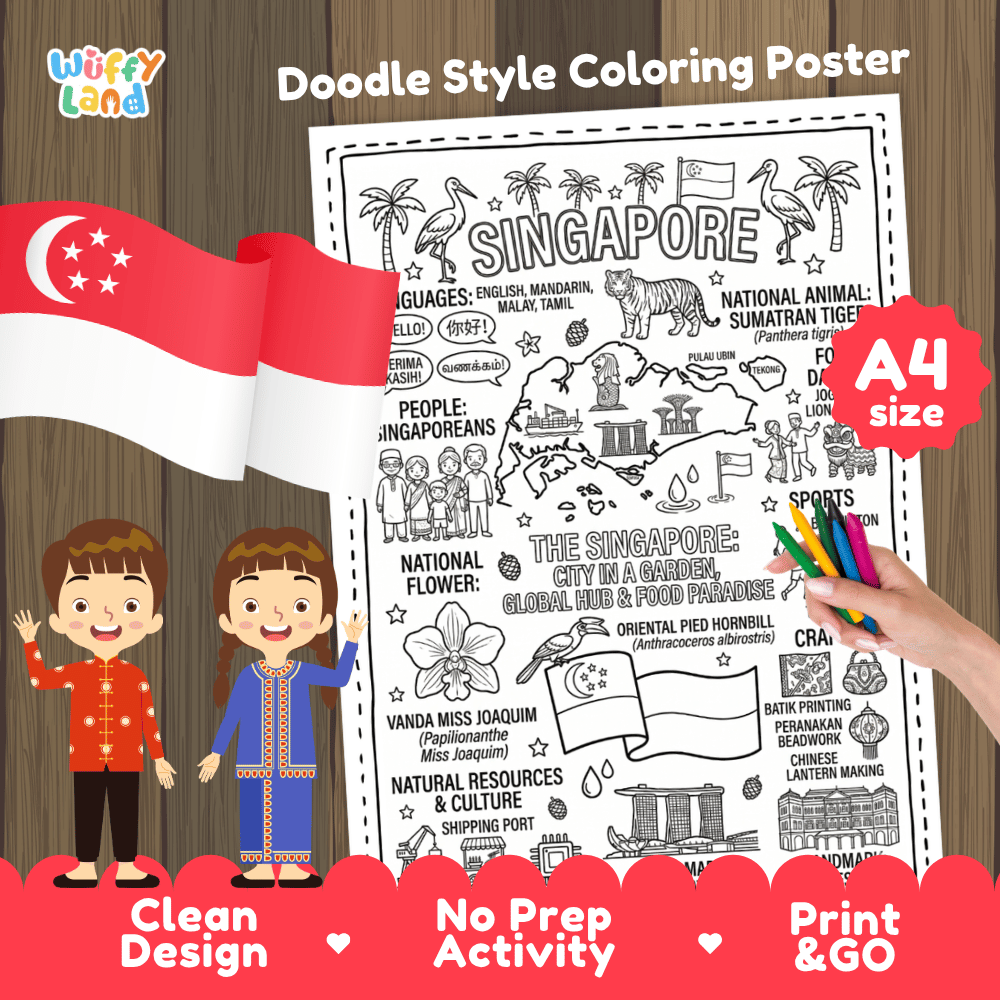 Printable A4 doodle coloring poster highlighting Singapore map, Merlion, Marina Bay Sands, and Vanda Miss Joaquim orchid 🎨🦁