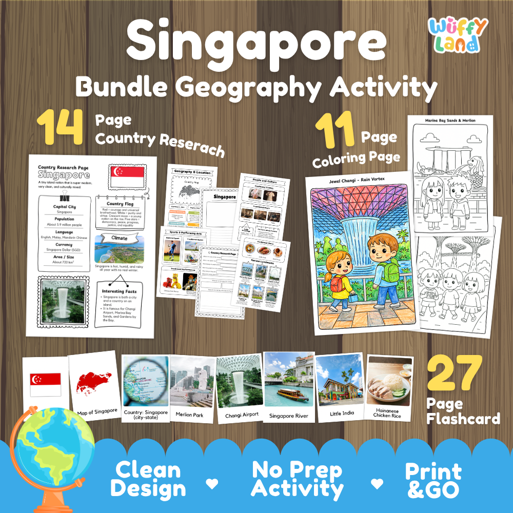 Singapore geography activity bundle cover showing 14 country research pages, 11 coloring pages, and 27 photo flashcards