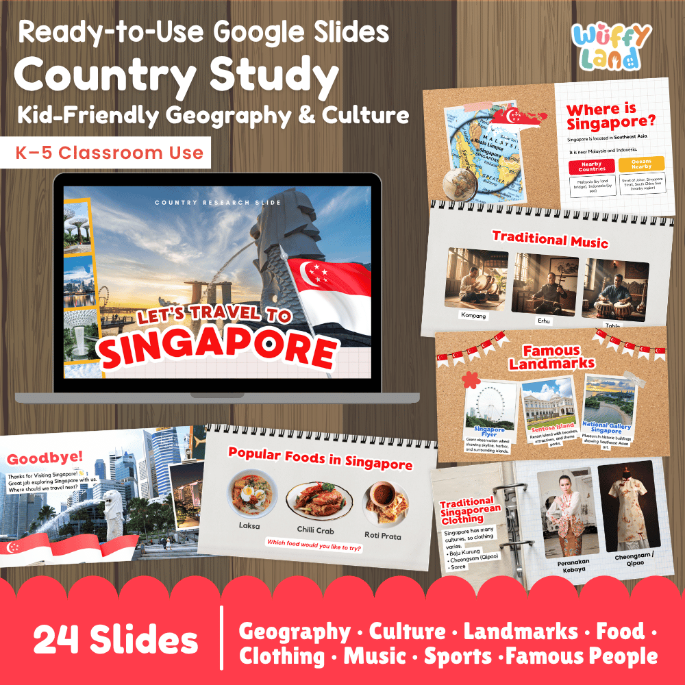 Interactive Google Slides deck displaying famous Singapore landmarks like Marina Bay Sands and popular hawker dishes 💻🏙️