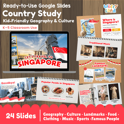 Interactive Google Slides deck displaying famous Singapore landmarks like Marina Bay Sands and popular hawker dishes 💻🏙️