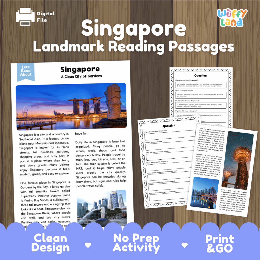 Singapore landmark reading passage and comprehension worksheet educational unit featuring nonfiction text and authentic Singapore Marina Bay Sands and Merlion photography