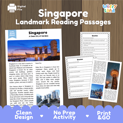 Singapore landmark reading passage and comprehension worksheet educational unit featuring nonfiction text and authentic Singapore Marina Bay Sands and Merlion photography