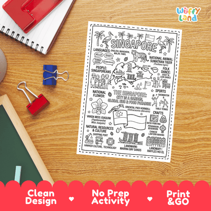 Doodle map coloring sheet showing Singapore, Marina Bay Sands, Merlion, Gardens by the Bay, and Singapore Flyer