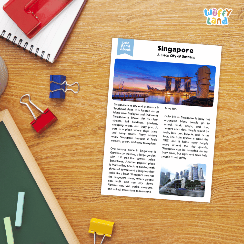 Lined reading comprehension question worksheet covering main ideas vocabulary terms and landmark facts about Singapore