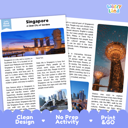 Reference sheet and answer key for Singapore landmark reading passage displaying completed comprehension answers and Southeast Asian geography facts