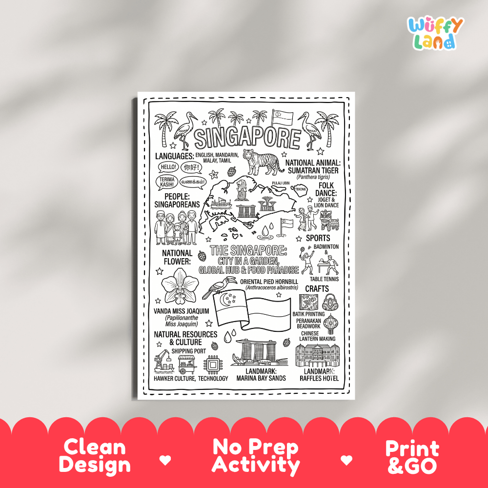 Educational activity coloring page highlighting Singapore Vanda Miss Joaquim orchid, Sumatran Tiger, Hornbill, and flag