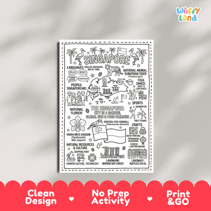 Educational activity coloring page highlighting Singapore Vanda Miss Joaquim orchid, Sumatran Tiger, Hornbill, and flag